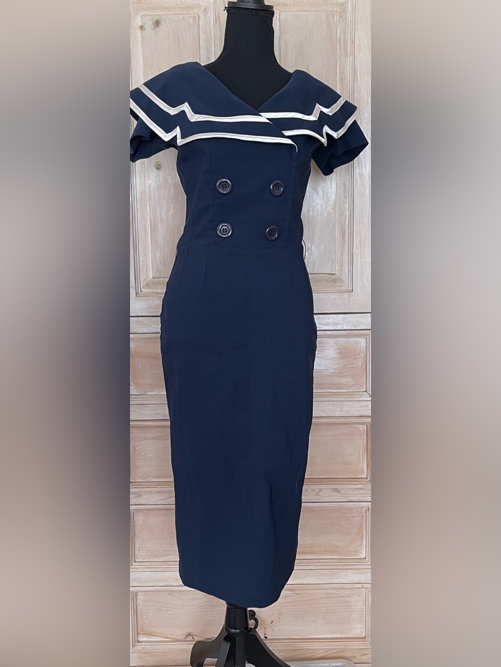 Bettie Page Navy Blue Sailor Captain Wiggle Pencil Dress White Zigzag Trim Sz L